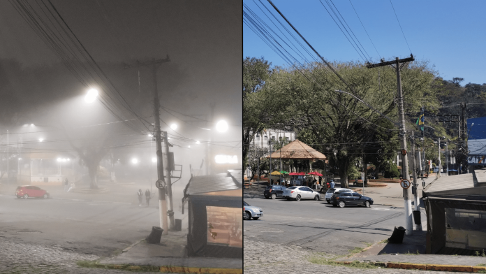 Praça da Bandeira, no mesmo ângulo, durante a maior frente fria do ano, e durante a chegada da onda de calor. Foto: Gustavo Vaquiani.